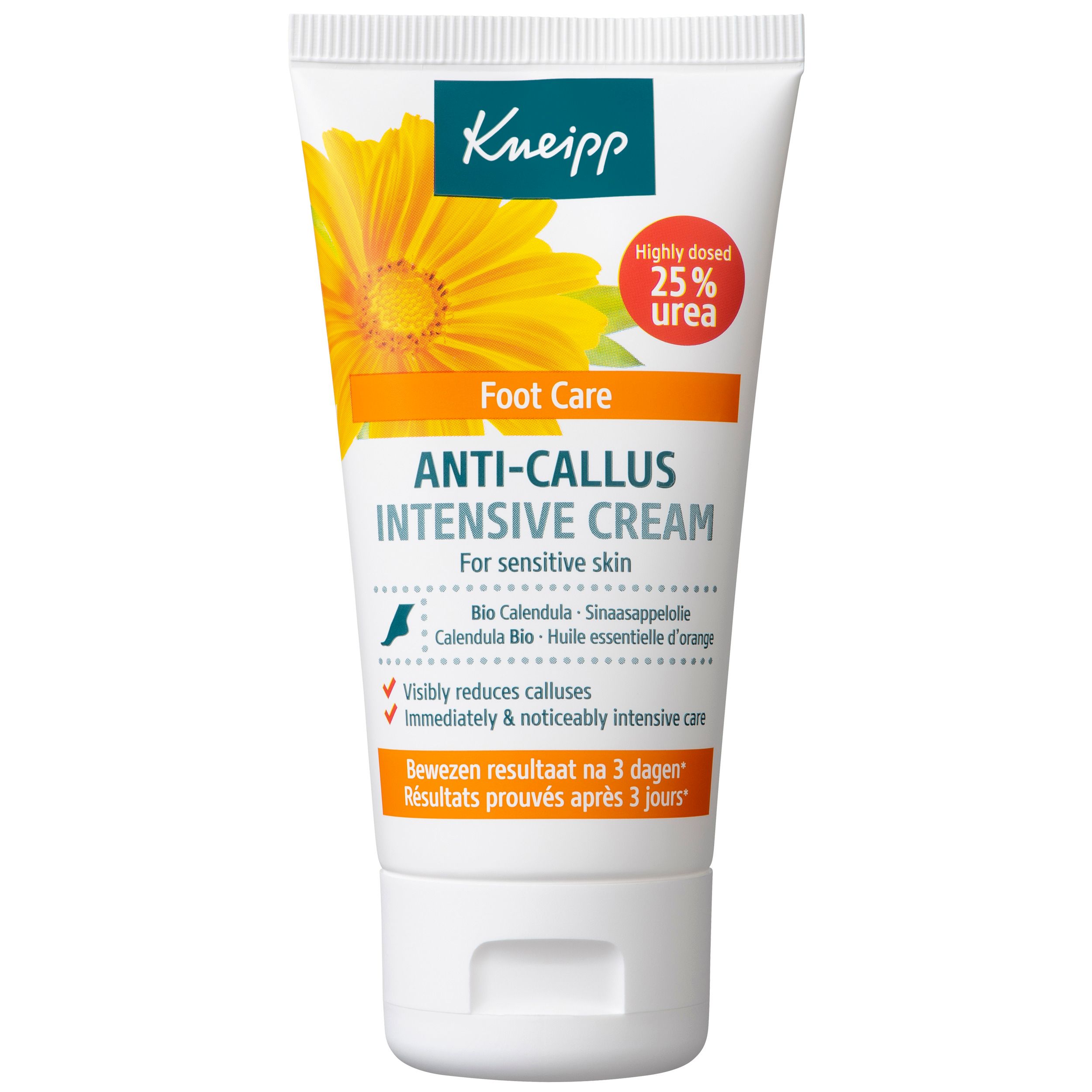 Achterkant Kneipp® Eeltcrème tube. Tekst in het Nederlands. Bevat 25% ureum. 50ml. Waarschuwingen en ingrediënten.