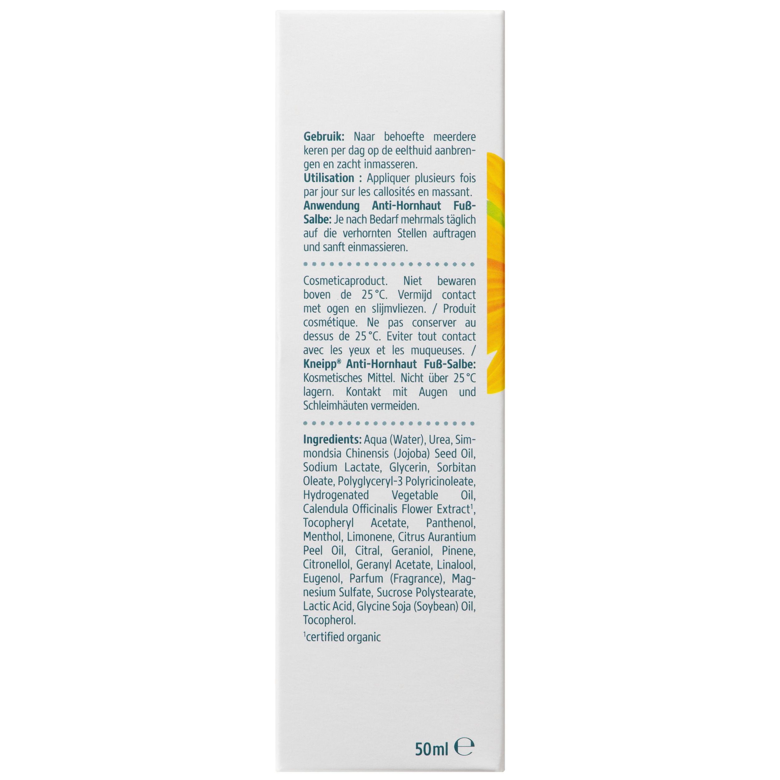 Tube de Kneipp® Eeltcrème. Tube blanc avec impression jaune. Contient 25% d'urée. Pour peaux sensibles. 50ml.