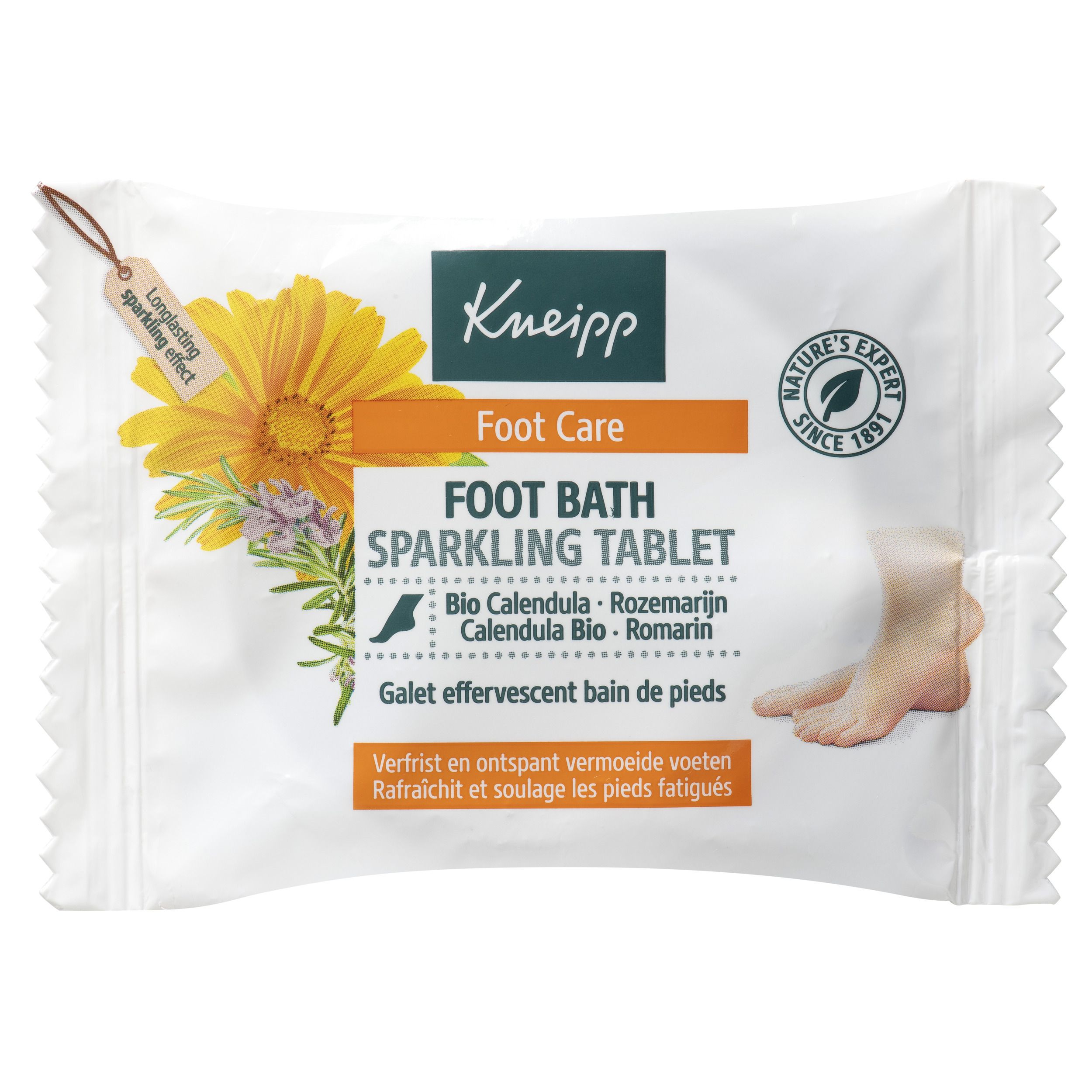 Emballage blanc avec logo Kneipp et 'Foot Bath Sparkling Tablet'. Contient Bio Calendula et Rozemarijn. Avec illustration de pied.