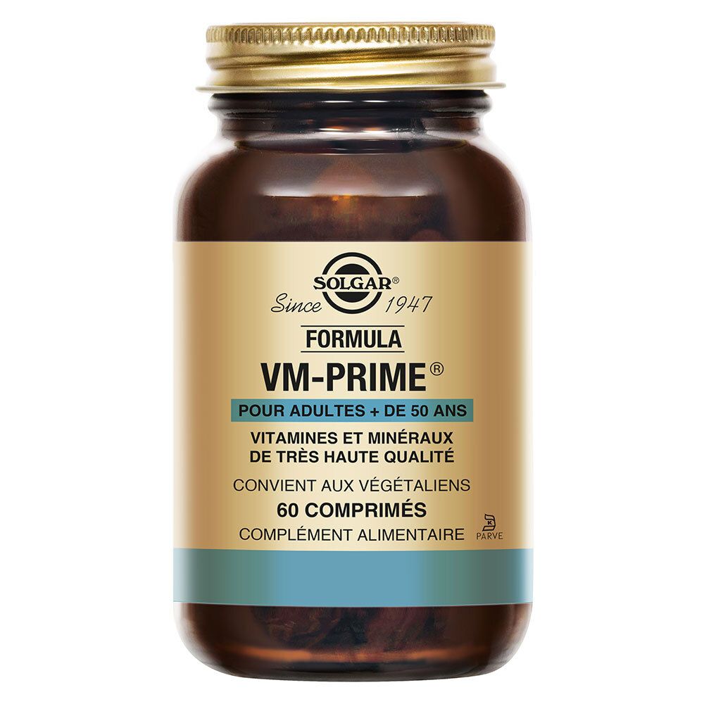 Bruine glazen fles met gouden dop. Etiket met productnaam, merk en informatie.