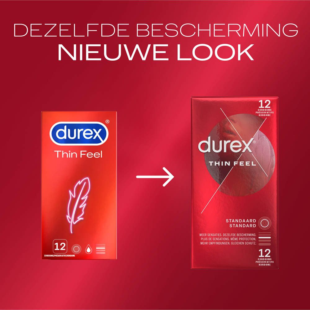 Vergelijking van Durex Thin Feel verpakkingen. Links de oude, rechts de nieuwe verpakking.