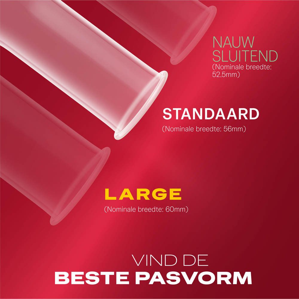 Grafiek met informatie over condoommaten. Standaard (56mm), nauwsluitend (52,5mm), large (60mm).