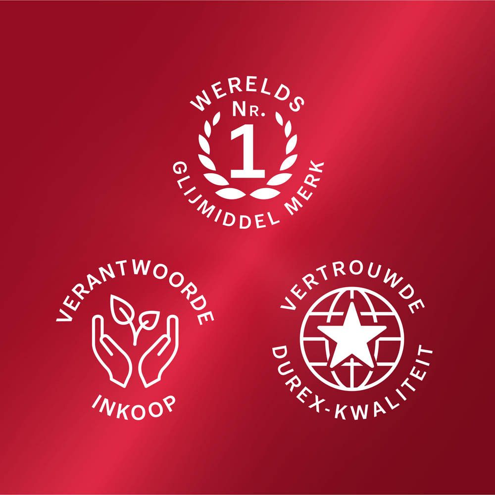 Drie logo's: Wereldwijd nr. 1 glijmiddelmerk, verantwoord inkopen, Durex-kwaliteit.