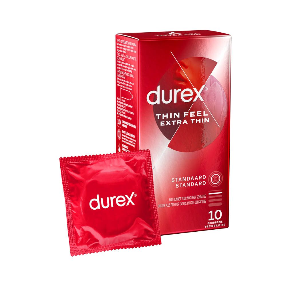 Boîte rouge de préservatifs Durex® Thin Feel Extra Thin et un préservatif. Taille standard.