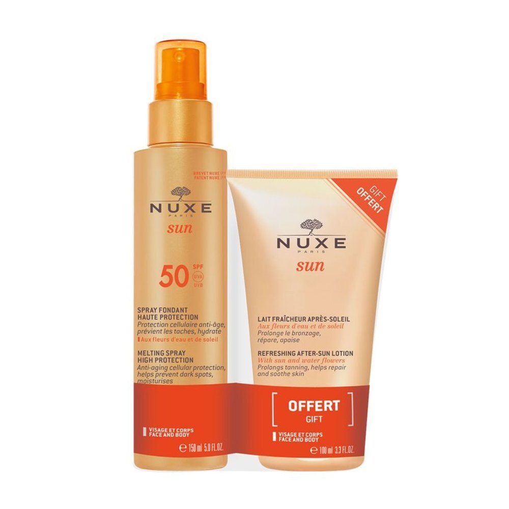 Spray solaire Nuxe SPF 50 et Lait Fraîcheur Après-Soleil.