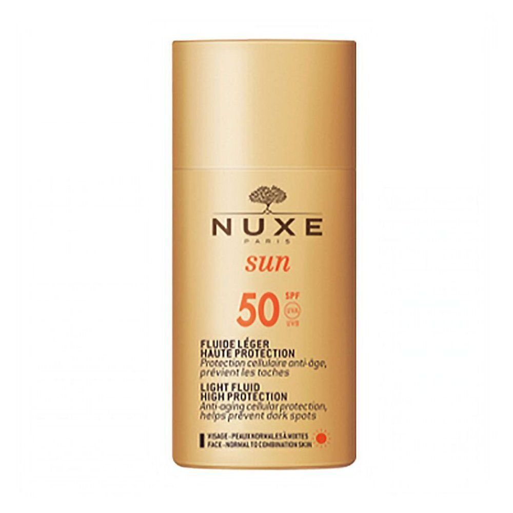 Nuxe Sun Fluide Solaire Léger SPF50 crème solaire dans un flacon orange.