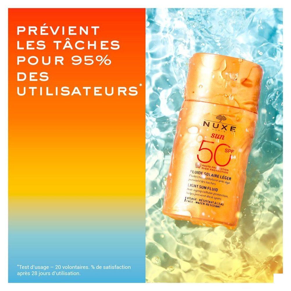 Nuxe Sun Fluide Solaire Léger SPF50 crème solaire dans un flacon orange.