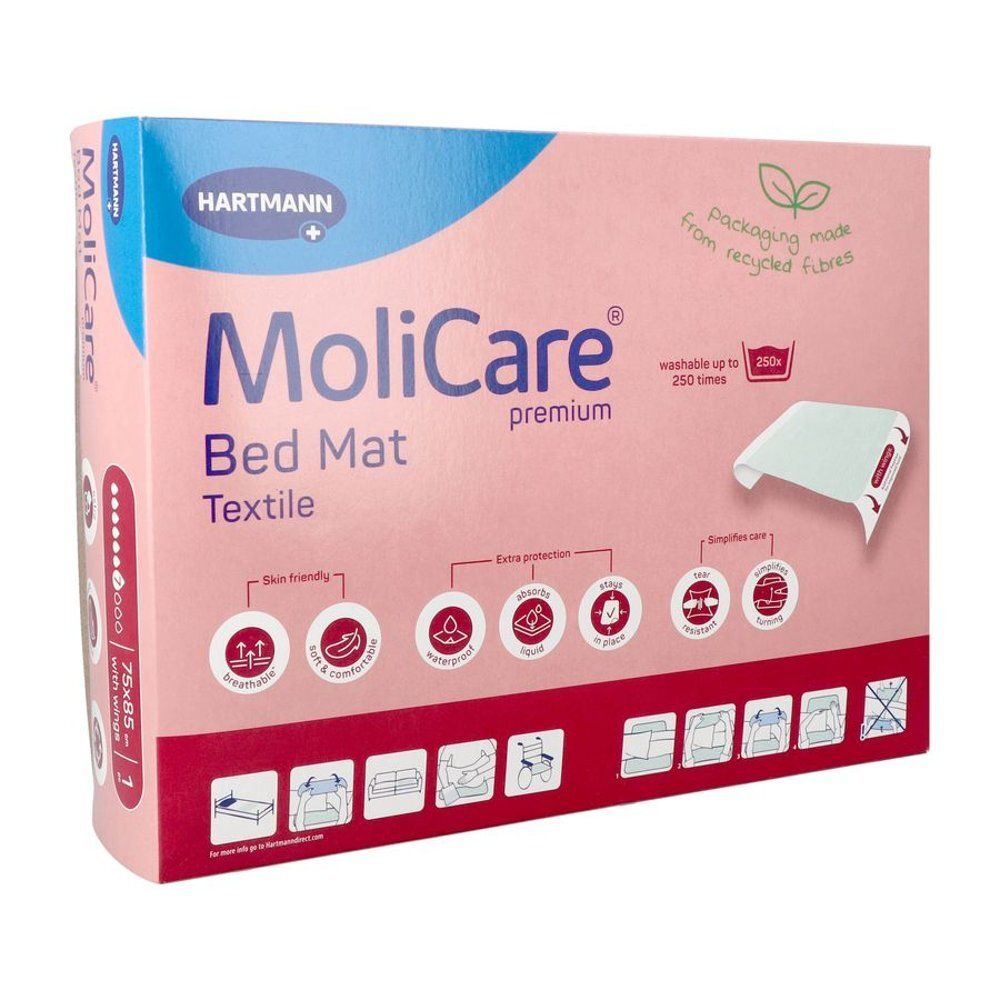Emballage de MoliCare® Premium Tapis de lit. Boîte rose et blanche avec informations et logos.