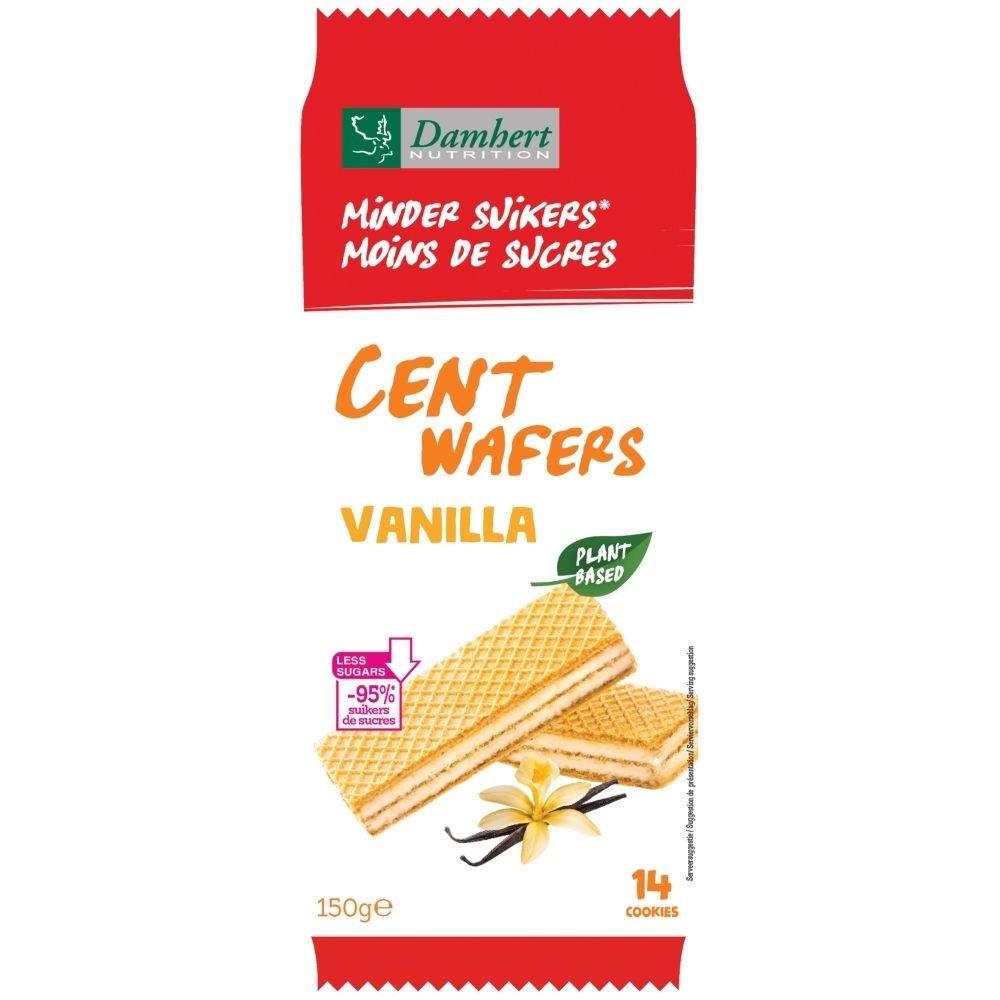 Damhert Low Carb Cent Wafers Vanille, paquet de 150g avec fleurs de vanille et gaufrettes.