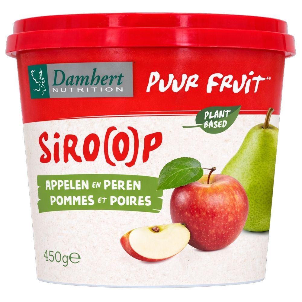 Sirop de pommes et poires Dambert Nutrition dans un récipient rouge. Contient 450g.