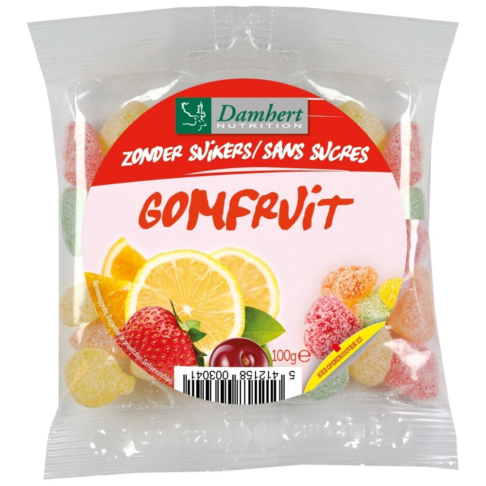 Sachet de gommes aux fruits sans sucre, saveurs assorties.