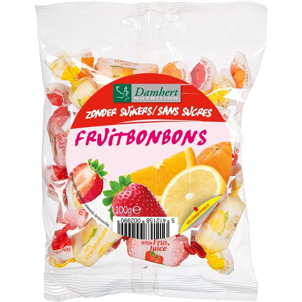 Sachet de bonbons aux fruits sans sucre, étiquette en français indiquant "Fruitbonbons Sans Sucres".