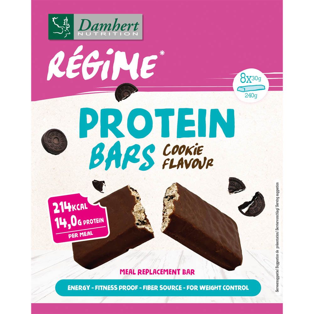 Roze doos met eiwitrepen. Opschrift: Damhert, Protein Bars, Cookie Flavour. 8 repen, 240g.
