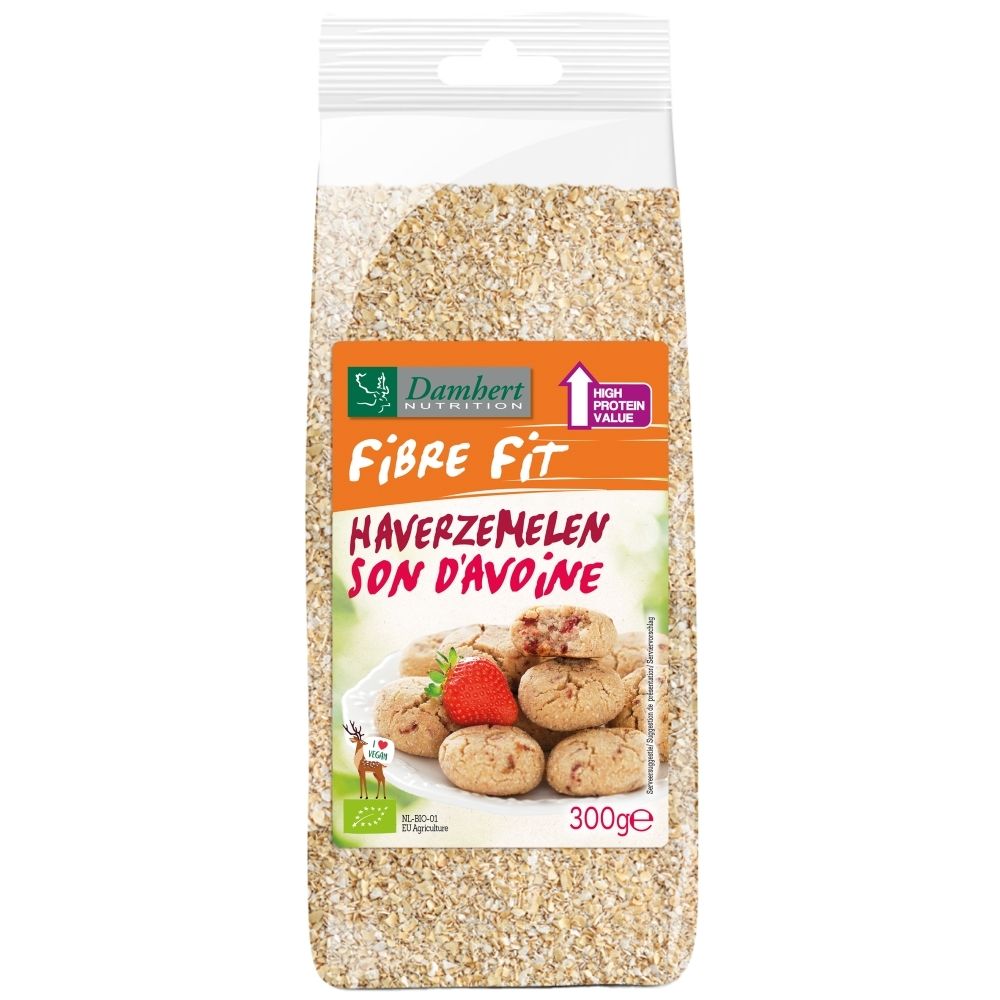 Dambert Nutrition Fibre Fit havermout, 300g zak met aardbeien en koekjes.