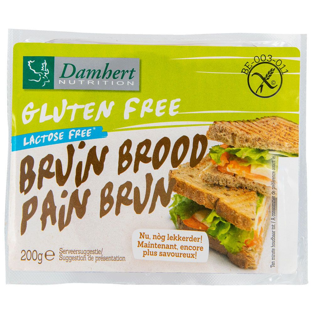 Verpakking Damhert Graubrot. Glutenvrij en lactosevrij. Opschrift: Bruin Brood/Pain Brun. Afbeelding van een belegd broodje.