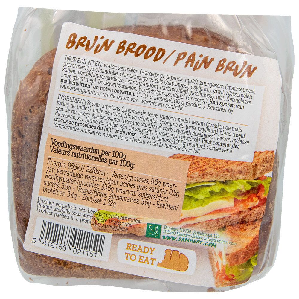 Verpakt Damhert Graubrot. Opschrift met voedingswaarden en ingrediënten. Sticker: Ready to eat. Afbeelding van een broodje.