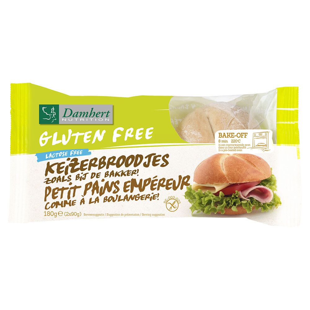 Verpakking met glutenvrije broodjes. Opschrift: Gluten Free, Lactose Free. Afbeelding van een belegd broodje.