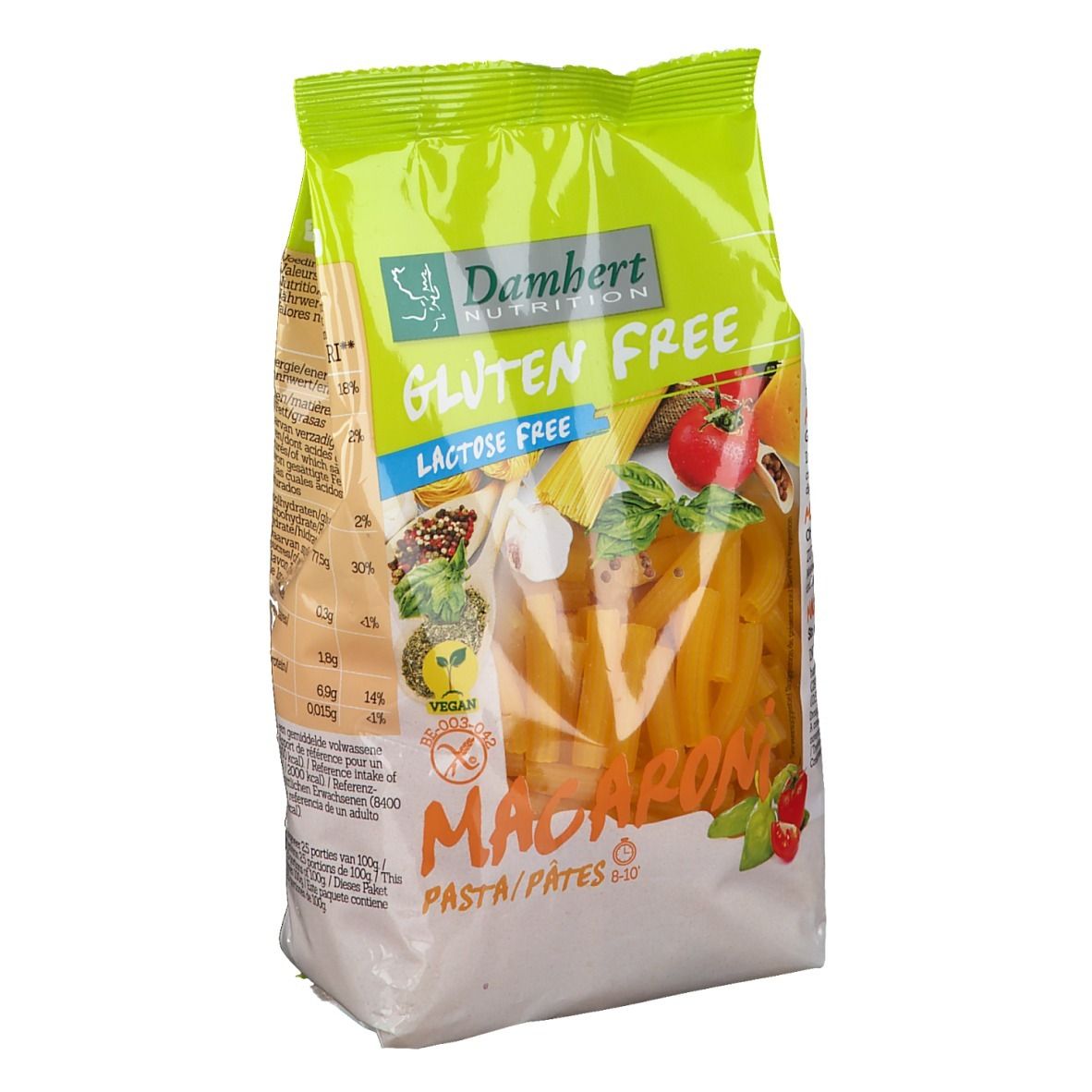 Verpakking glutenvrije macaroni. Groen-witte verpakking met productnaam en logo. Macaroni zichtbaar door transparant venster.