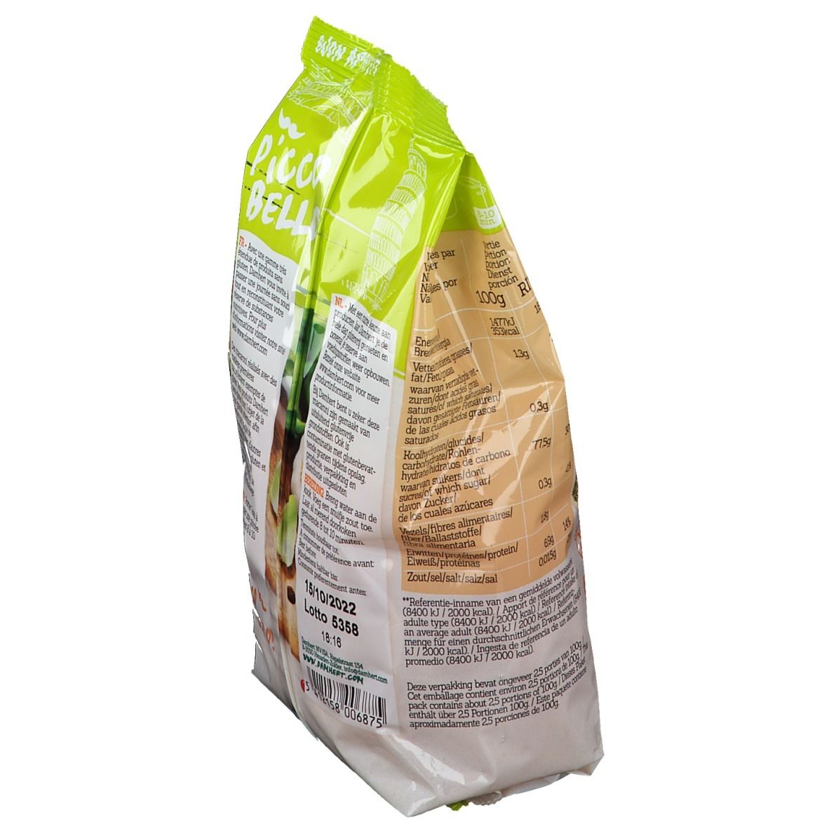 Verpakking glutenvrije macaroni. Zijaanzicht met voedingswaarde en houdbaarheidsdatum. Groen-witte verpakking.