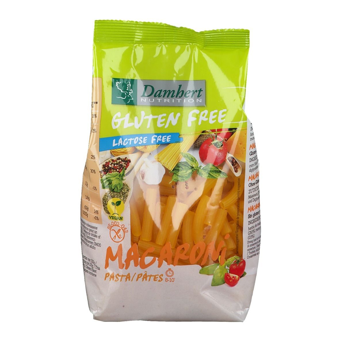 Verpakking glutenvrije macaroni. Groen-witte verpakking met productnaam en logo. Macaroni zichtbaar door transparant venster.