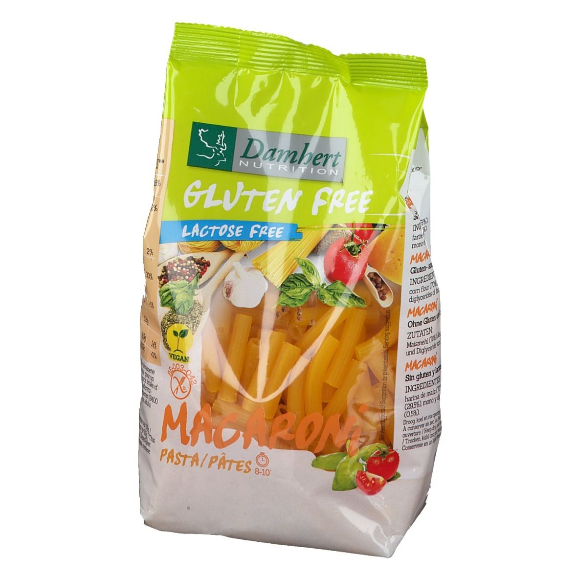 Verpakking glutenvrije macaroni. Groen-witte verpakking met productnaam en logo. Macaroni zichtbaar door transparant venster.