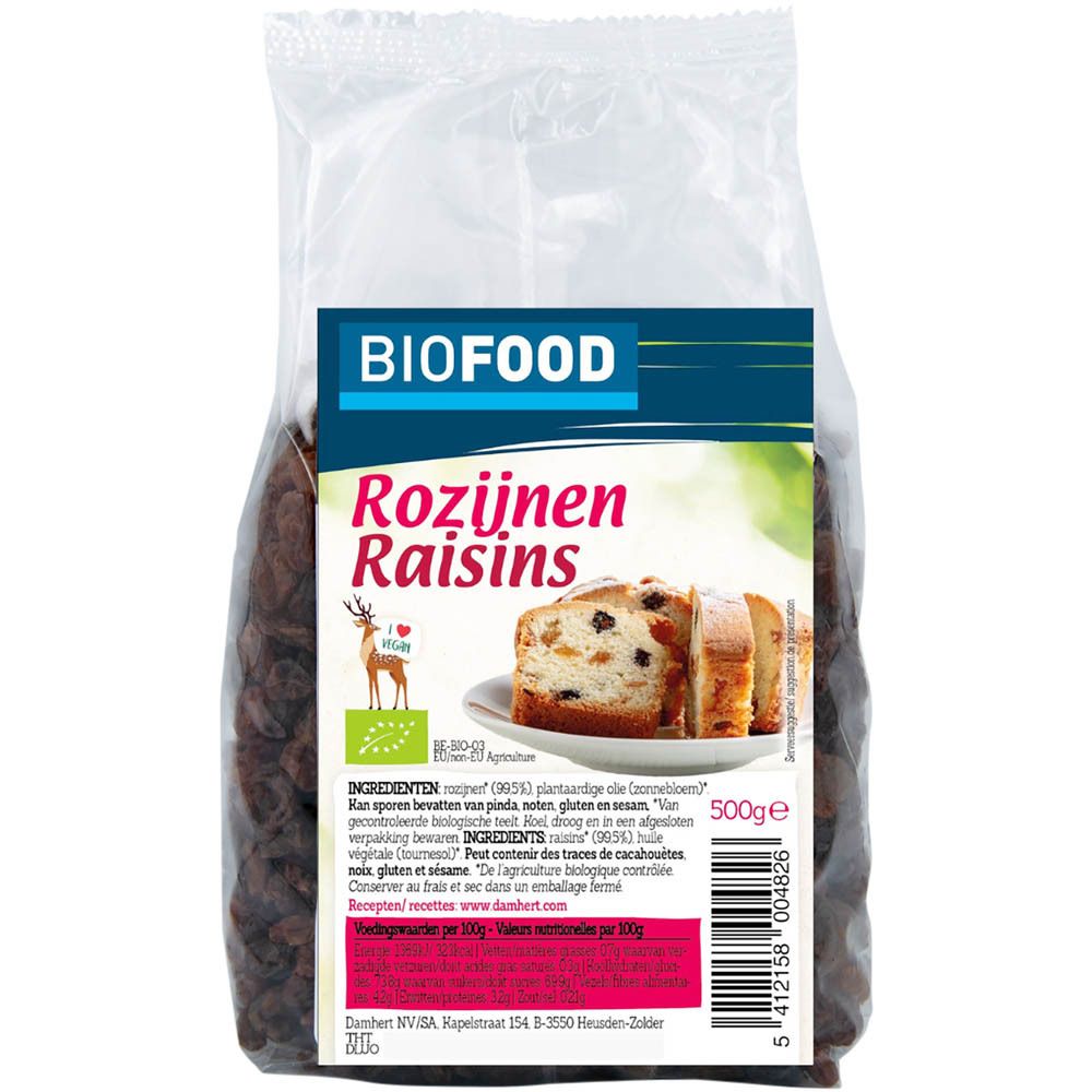 BIOFOOD Rozijnen Bio in transparante verpakking. Etiket met productinfo en bio-keurmerk. 500g inhoud.