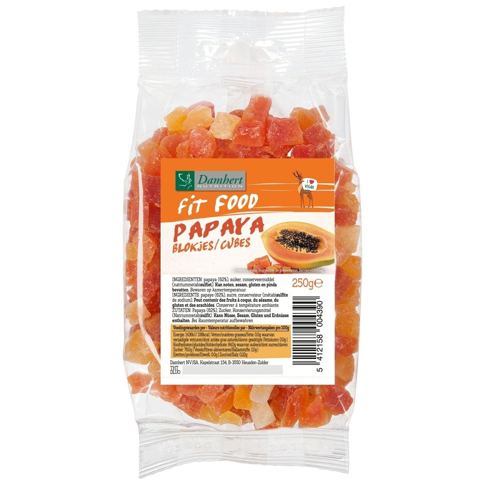 Dés de papaye séchée dans un sac en plastique avec étiquette, 250g.