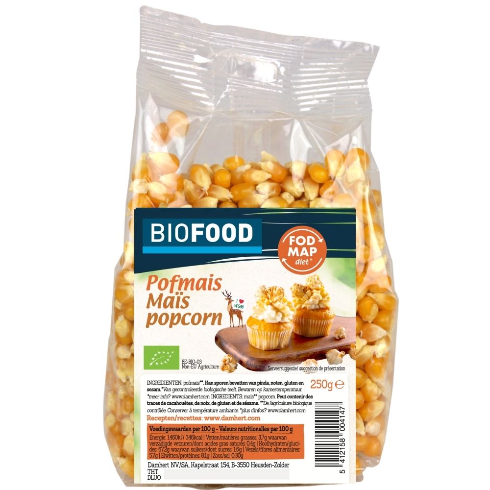 Biofood Pofmais popcorn, 250g zak met FODMAP dieet logo en afbeelding van popcorn cupcakes.
