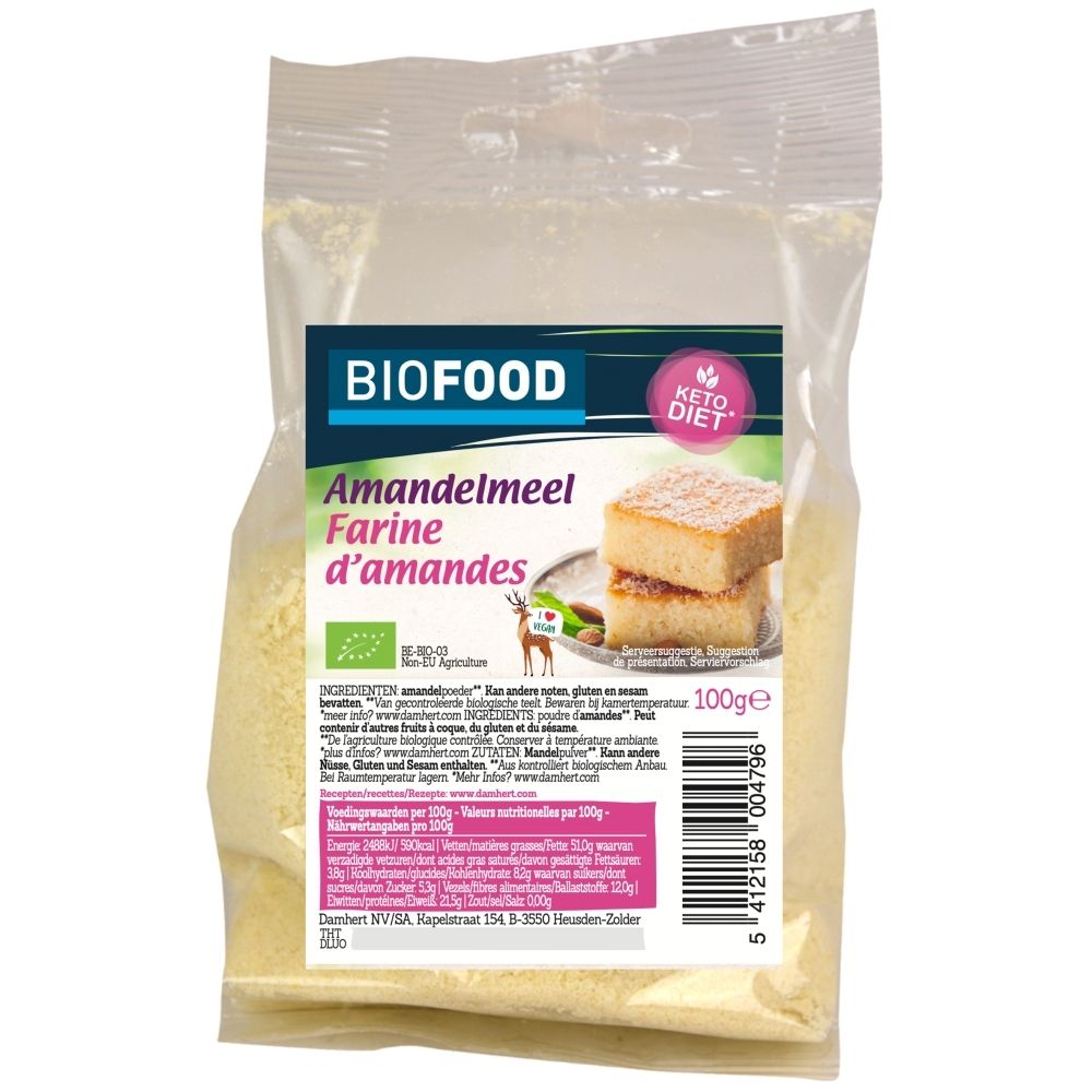 Biofood amandelmeel, 100g verpakking met Keto Diet logo en afbeelding van gebak.