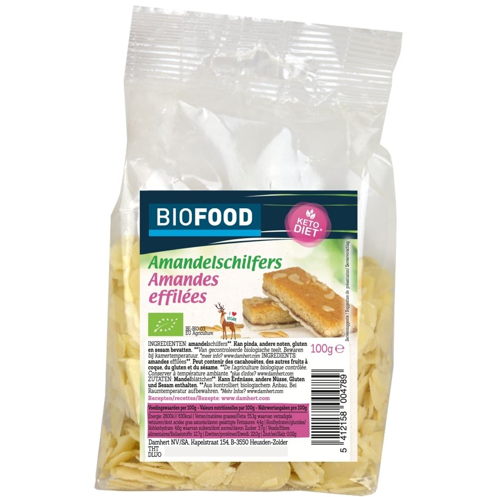 Biofood Amandelschilfers Keto Dieet zakje met amandelschilfers en koekjes.