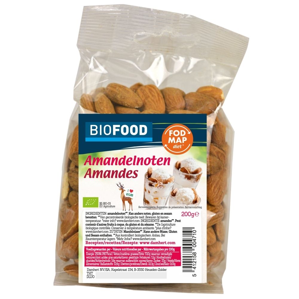 Zak amandelen van Biofood, FODMAP-gecertificeerd, met ijsafbeelding.