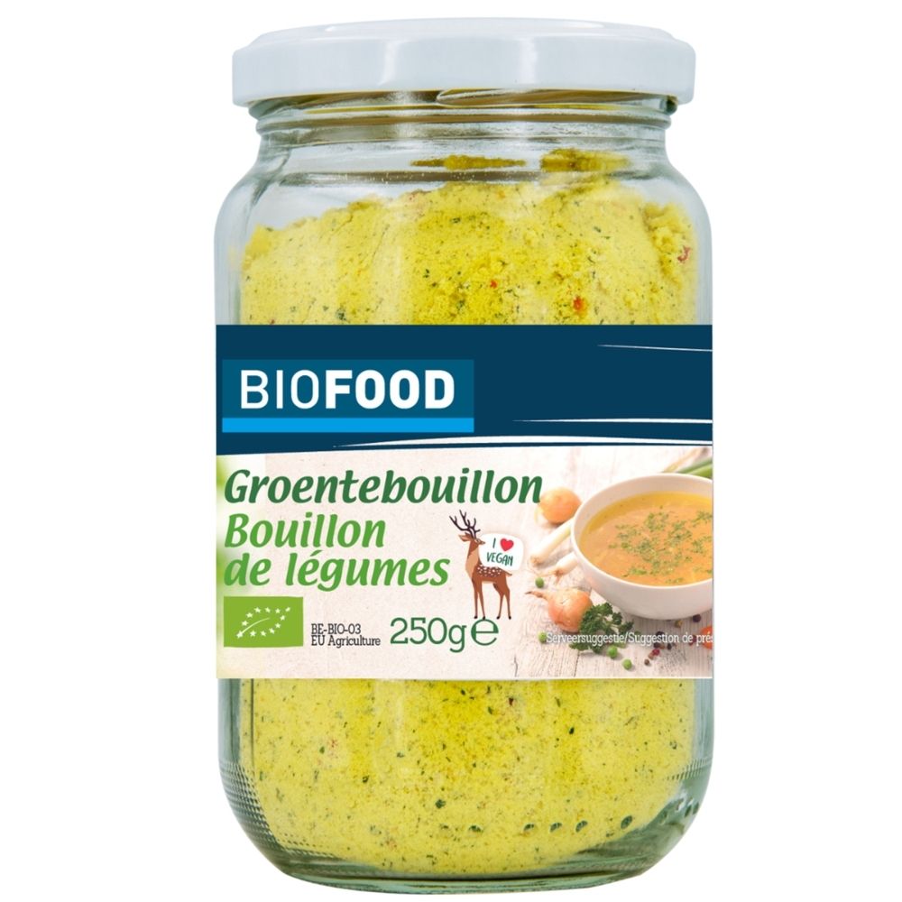 BIOFOOD Groentebouillon in pot, 250g. Met Bio-keurmerk en afbeelding van groentesoep.