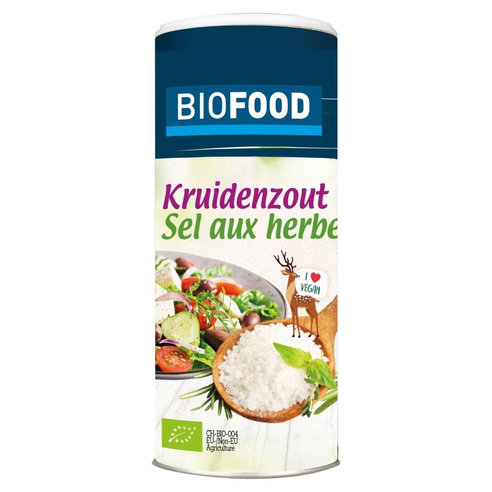 Biofood Kruidenzout blik met salade en schaal zout.