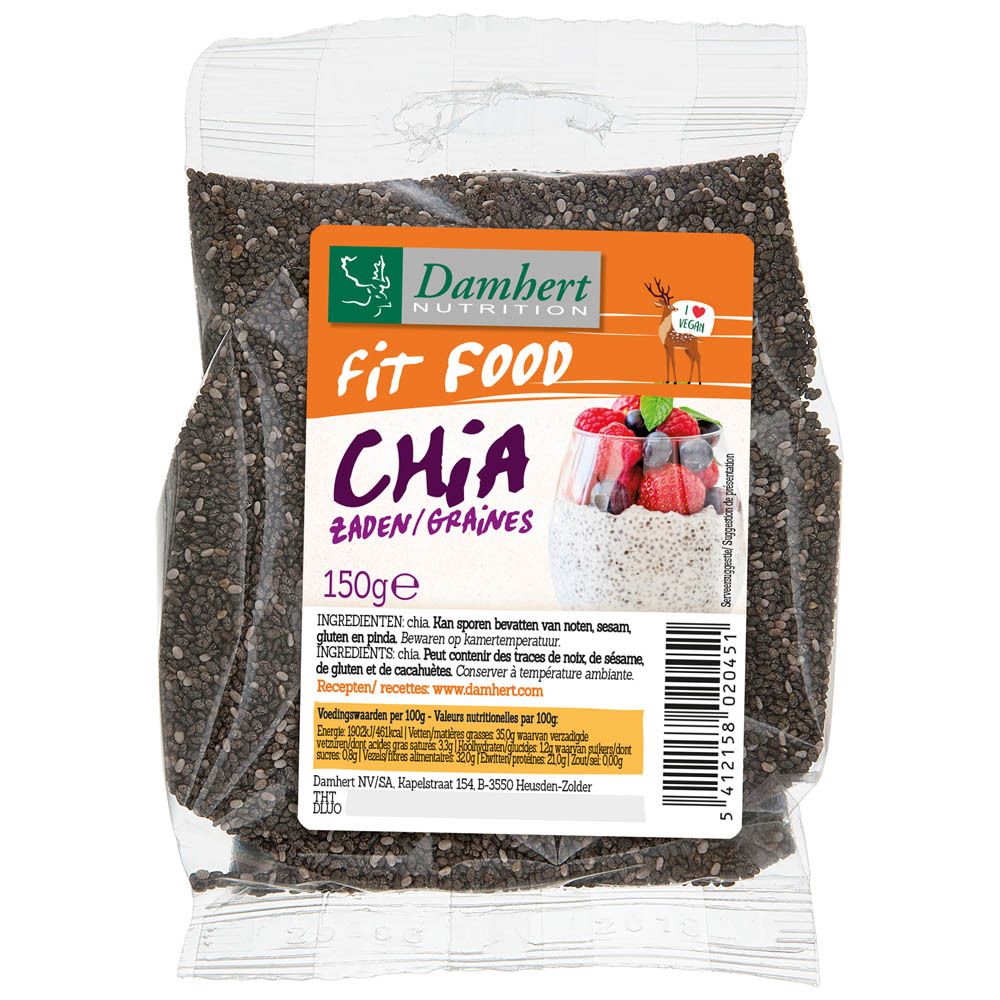 Emballage Damhert Fit Food graines de chia, 150g, avec image de pudding de chia.