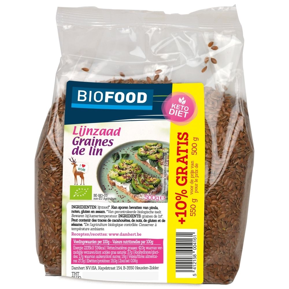Graines de lin Biofood, 500g. Sachet avec graines et étiquette montrant du toast à l'avocat et "+10% Gratuit".