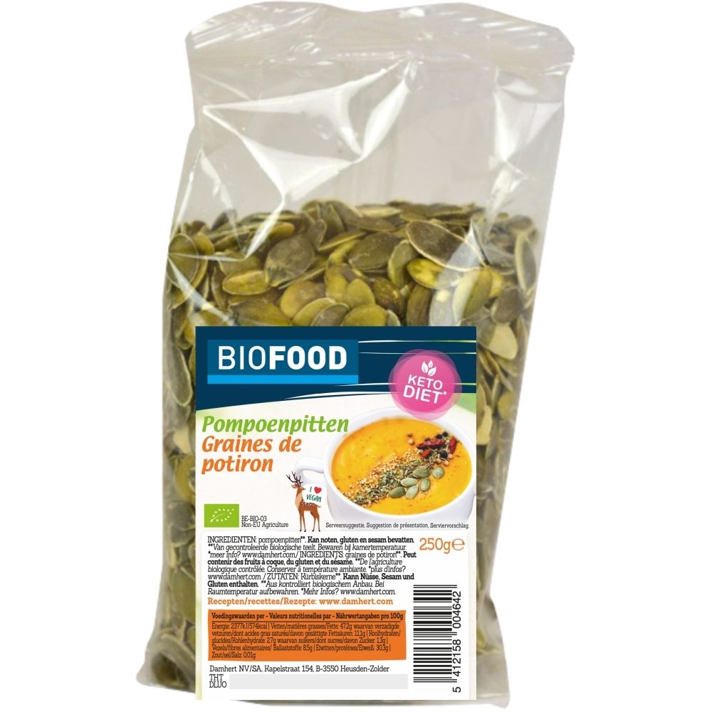 Biofood Pompoenpitten, 250g. Zak met pitten en etiket met soep en "Keto Diet" logo.