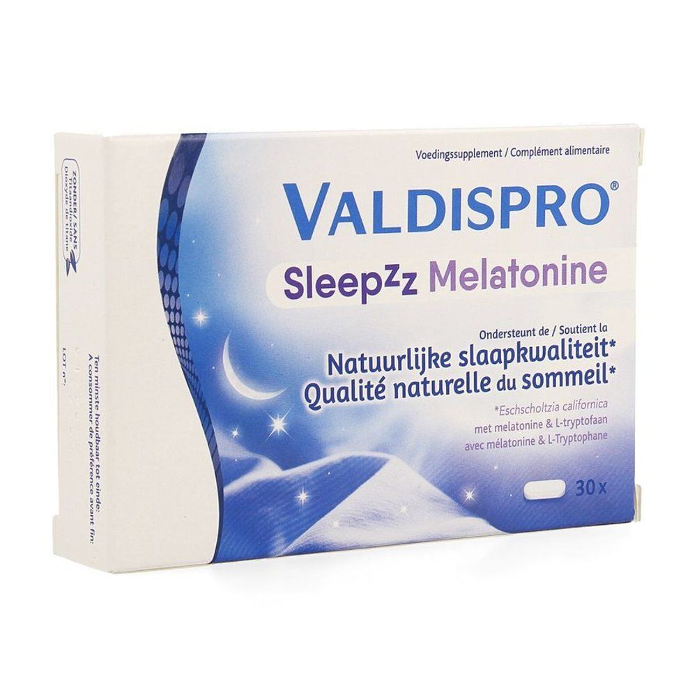 Doos VALDISPRO Sleepzz Melatonine. Blauwe golven, maan en sterren. 30 tabletten.