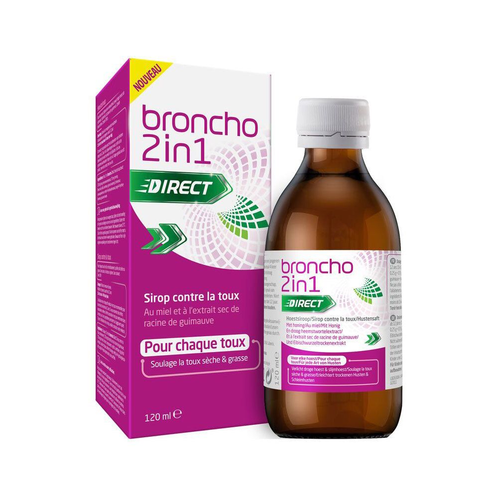 Emballage du produit et bouteille de liquide brun. Inscription : broncho 2in1 direct. Emballage avec texte en français.
