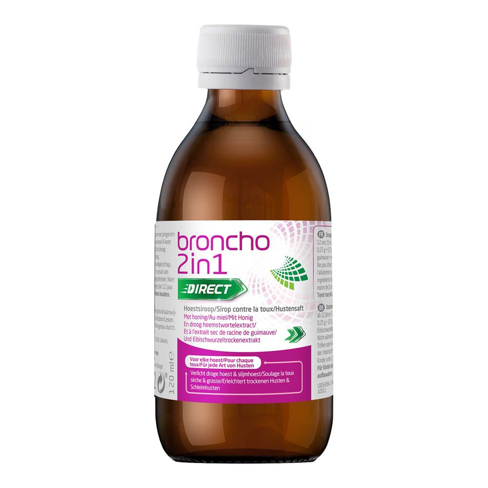 Fles met bruine vloeistof en witte dop, naast productverpakking. Opschrift: broncho 2in1 direct. Nederlandse tekst.