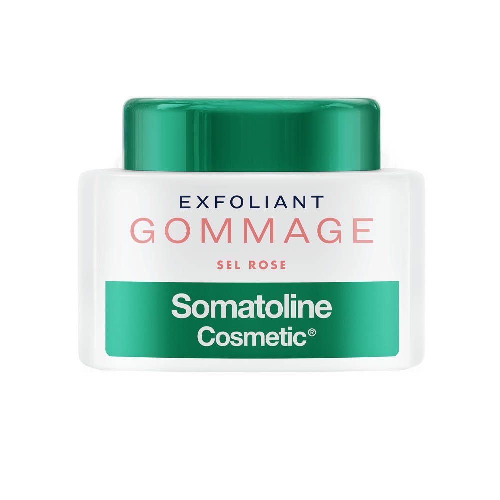 Wit, vierkant potje met groene deksel. Opschrift: EXFOLIANT GOMMAGE SEL ROSE. Merk: Somatoline Cosmetic®.