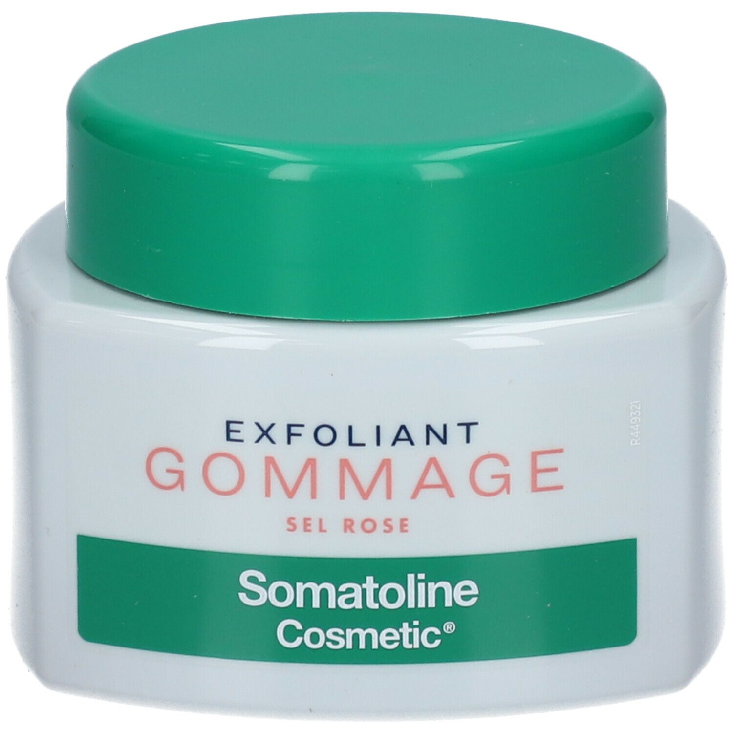 Pot carré blanc avec couvercle vert. Inscription: EXFOLIANT GOMMAGE SEL ROSE. Marque: Somatoline Cosmetic®.
