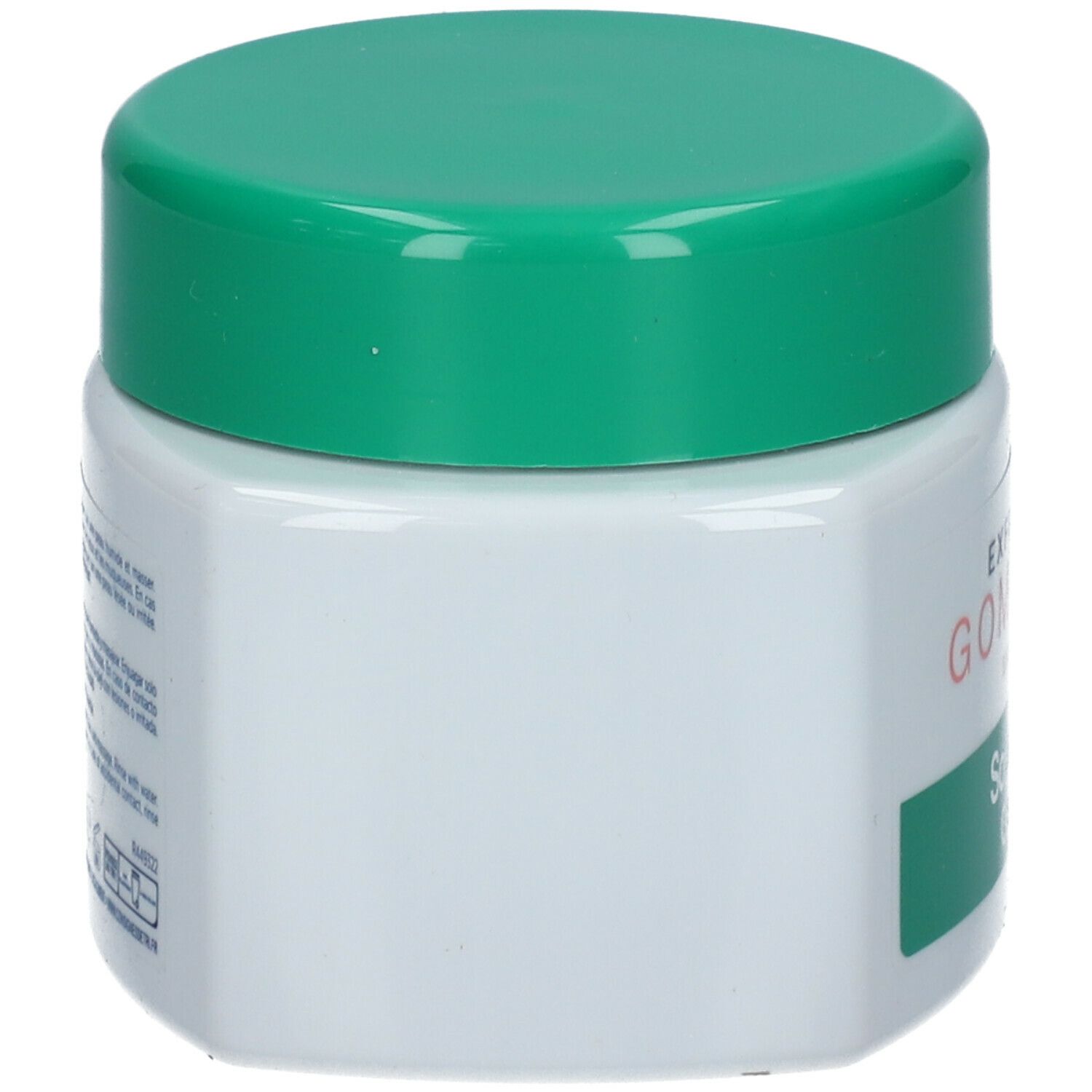 Pot carré blanc avec couvercle vert. Texte sur le côté. Vue arrière.