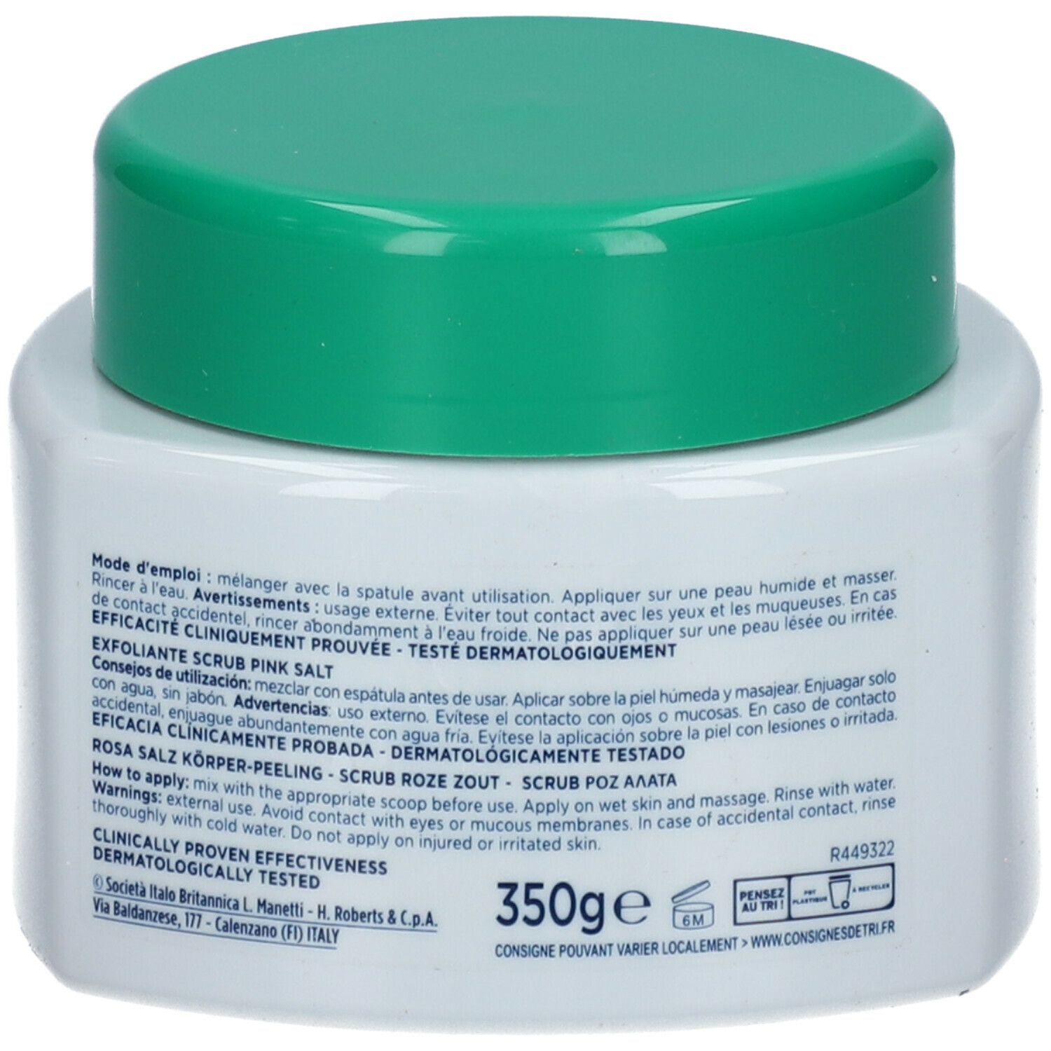 Dos d'un pot carré blanc avec couvercle vert. Texte et indication de poids: 350g.