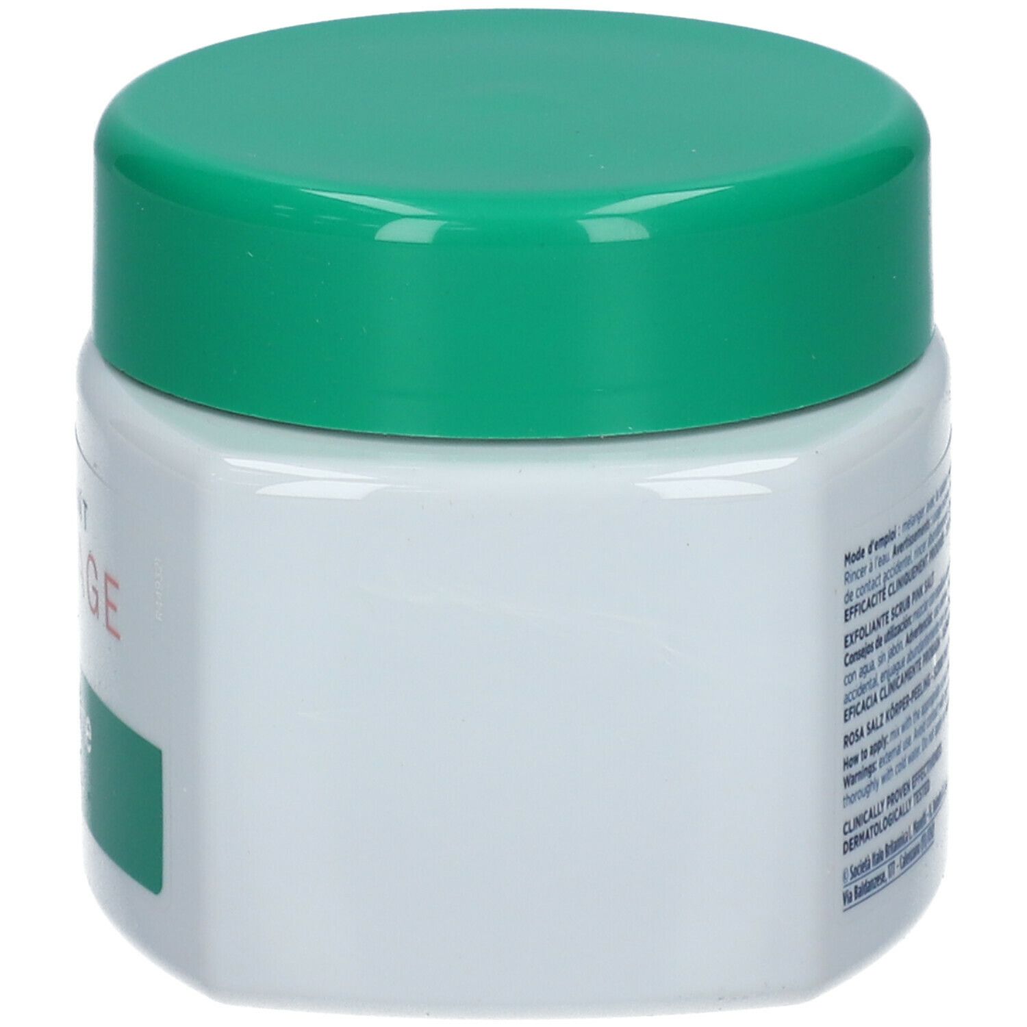 Pot carré blanc avec couvercle vert. Texte sur le côté. Vue arrière.