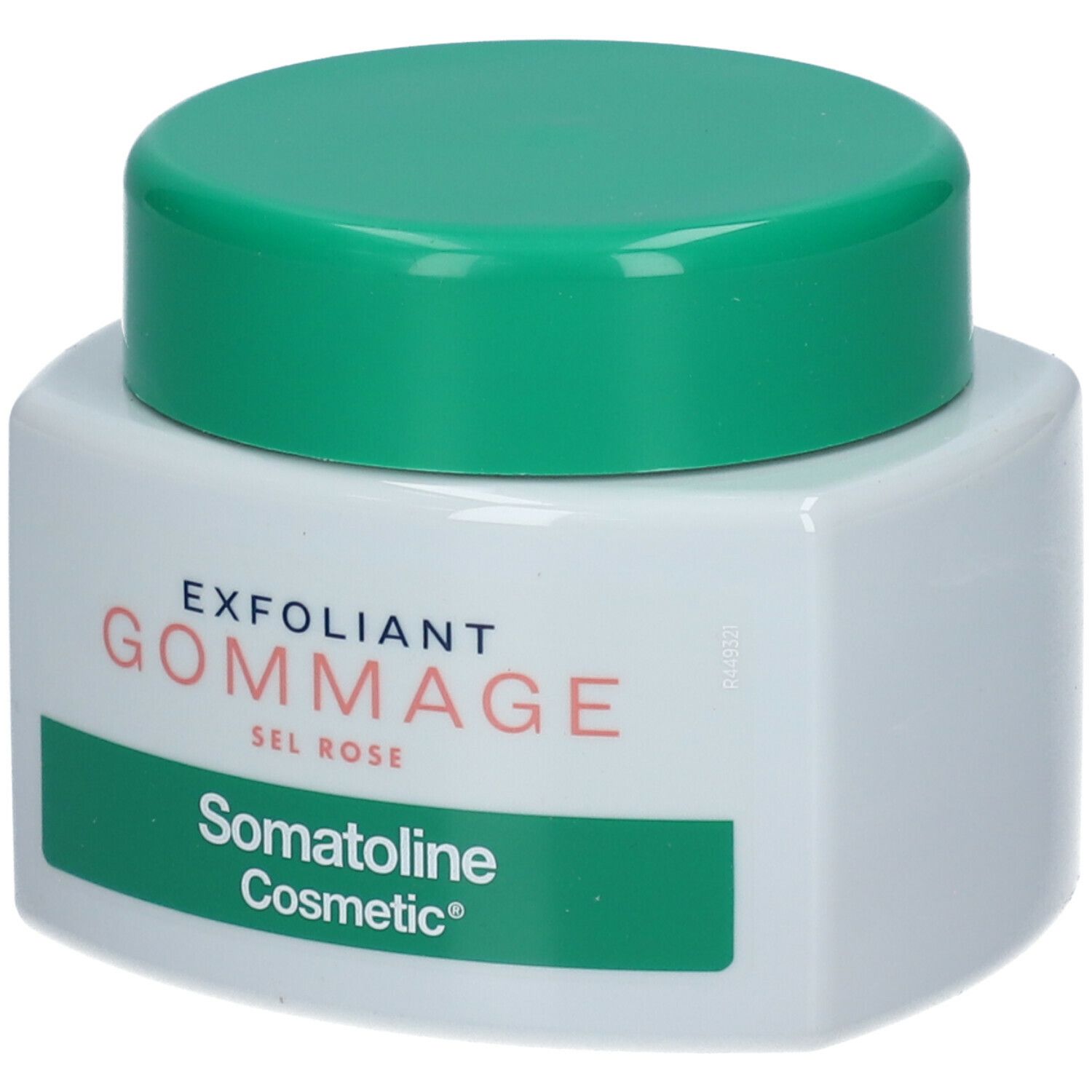 Pot carré blanc avec couvercle vert. Inscription: EXFOLIANT GOMMAGE SEL ROSE. Marque: Somatoline Cosmetic®.