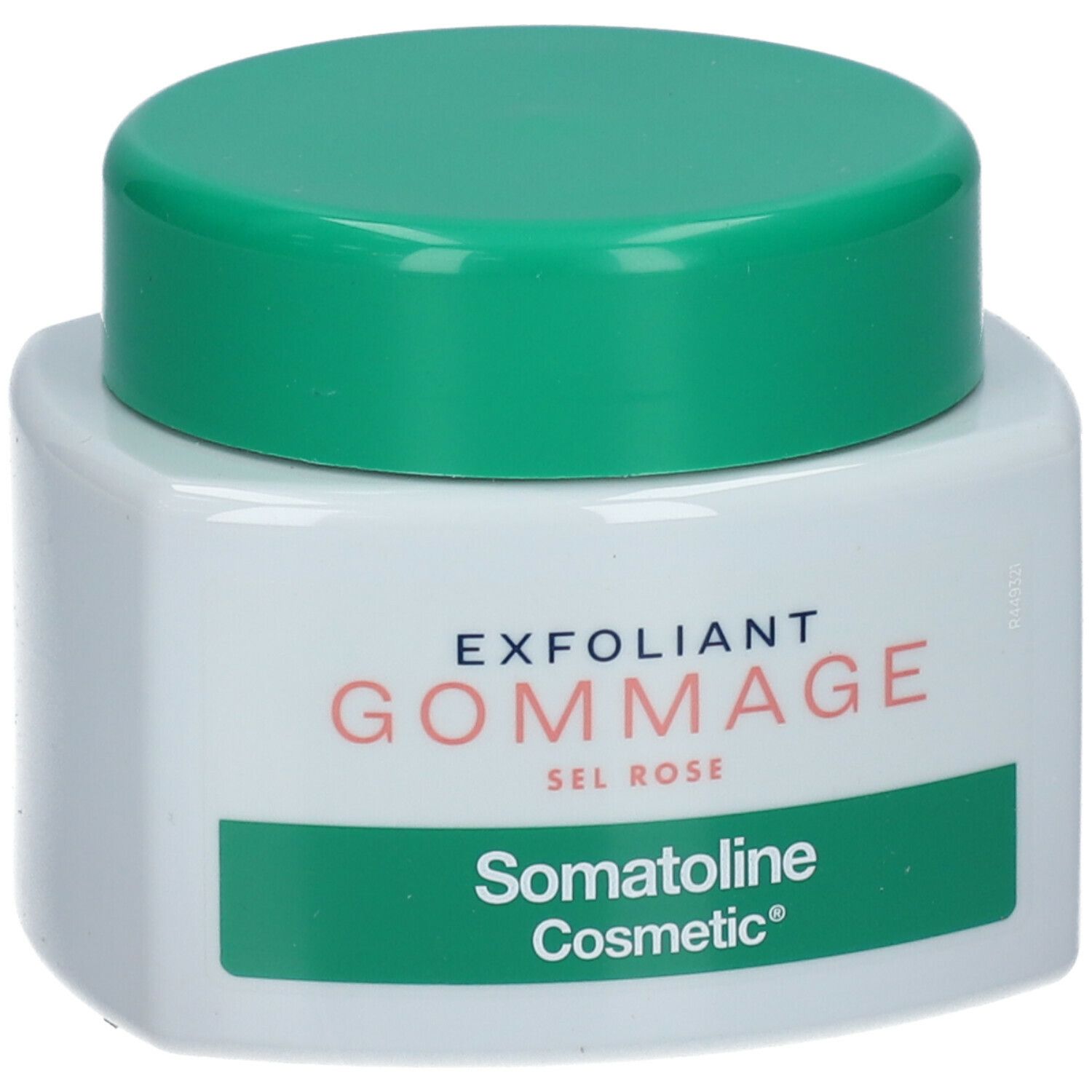Pot carré blanc avec couvercle vert. Inscription: EXFOLIANT GOMMAGE SEL ROSE. Marque: Somatoline Cosmetic®.