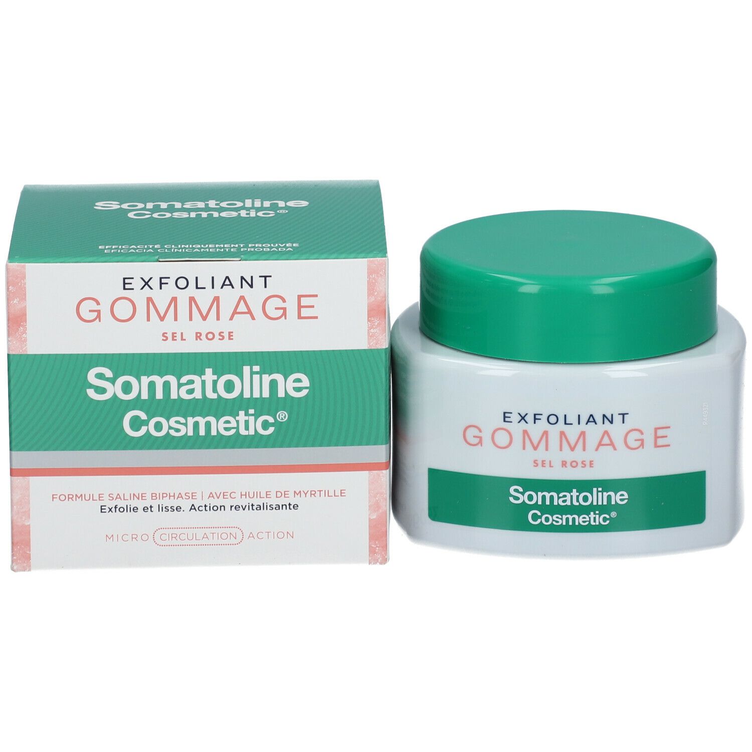 Emballage du produit et pot. Inscription: EXFOLIANT GOMMAGE SEL ROSE. Marque: Somatoline Cosmetic®.