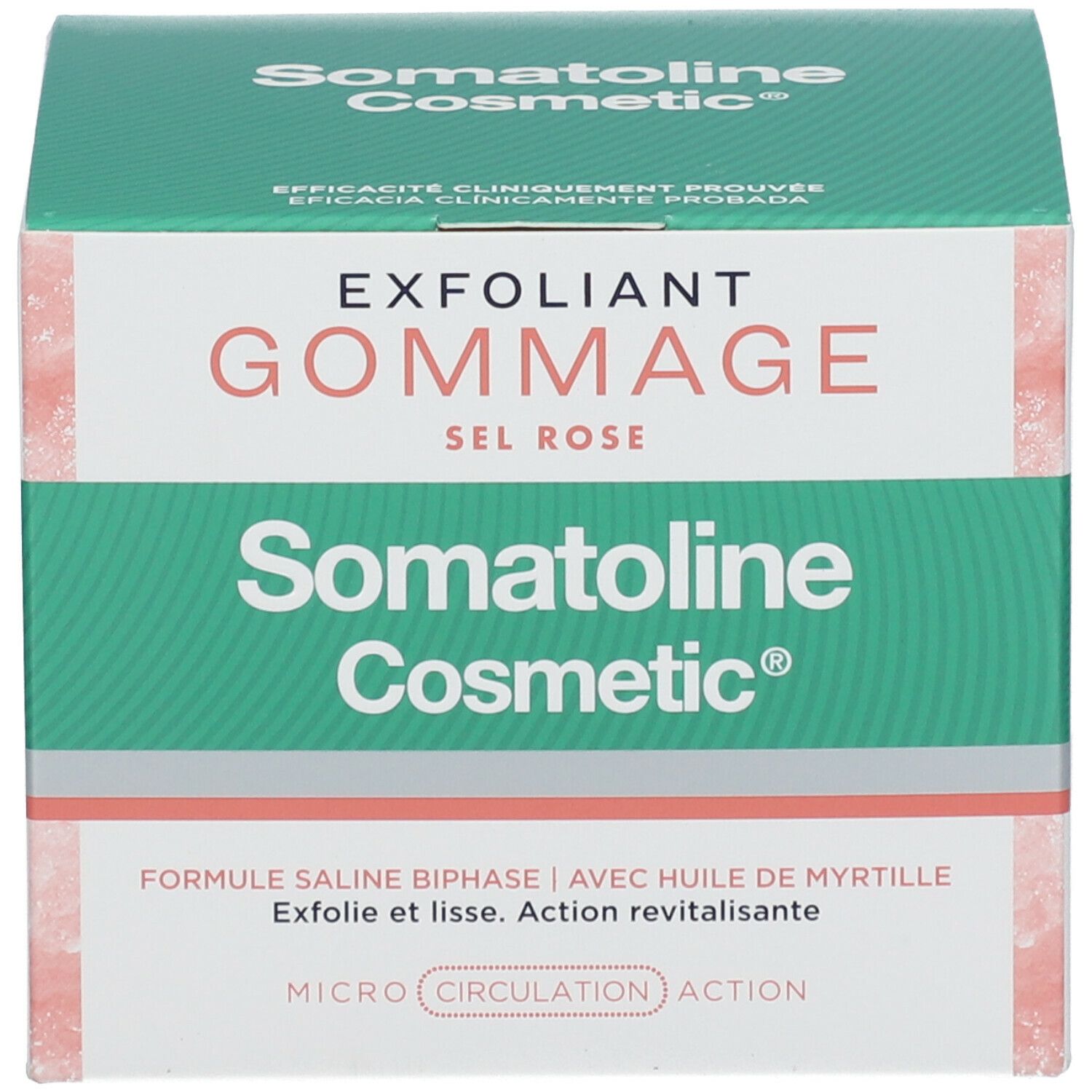 Emballage du produit. Inscription: EXFOLIANT GOMMAGE SEL ROSE. Marque: Somatoline Cosmetic®.