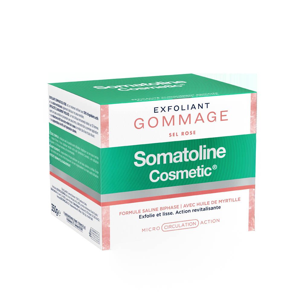 Productverpakking. Opschrift: EXFOLIANT GOMMAGE SEL ROSE. Merk: Somatoline Cosmetic®.