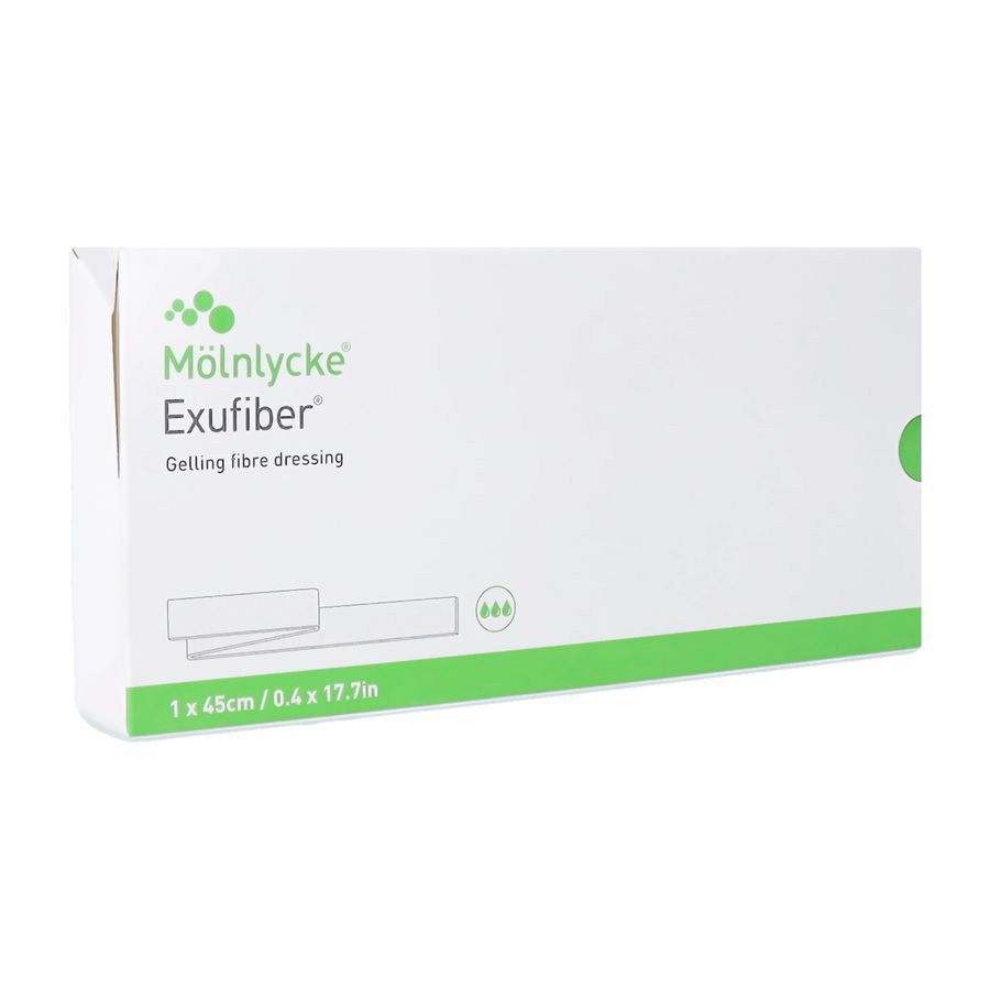 Witte verpakking met groene streep. Opschrift: Mölnlycke Exufiber, Gelling fibre dressing. Afmeting: 1 x 45cm / 0,4 x 17,7in.
